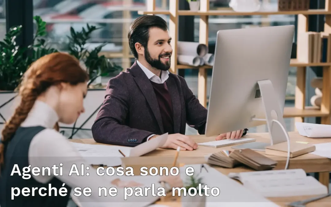 Concept grafico che richiama i risultati ottenibili grazie agli Agent AI. Immagine che raffigura un uomo che sorride alla scrivania di fronte al computer.