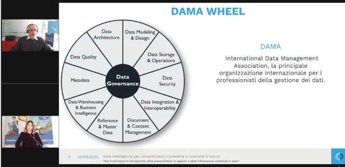Immagine estratta dal video del live talk. In questa immagine si vedono due persone che parlano e una slide con la "Dama Wheel"