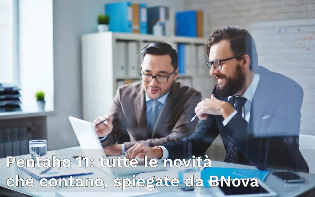 Concept grafico che richiama il valore delle novità introdotte dalla nuova versione di Pentaho 11. Immagine che raffigura due colleghi davanti al pc che sorridono delle novità delle nuova versione del valore aggiunto che ne possono ottenere.