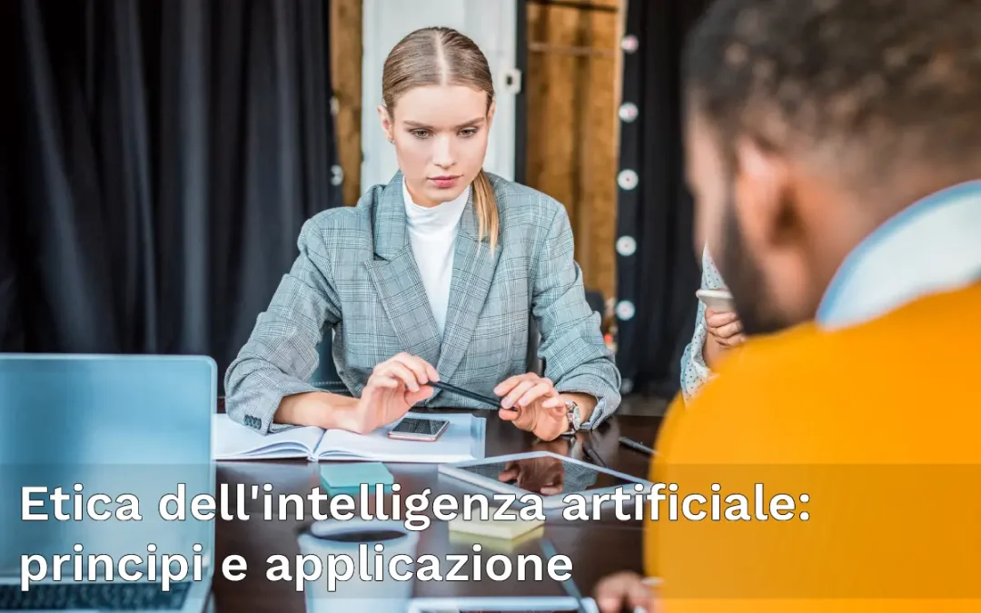 Concept grafico che richiama l'importanza dell'etica nelle applicazioni AI. Immagine che raffigura una donna seduta che si concentra sulle azioni da intraprendere per garantire correttezza e etica.