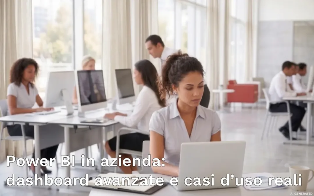 Ragazza in uffcio osserva dati di fronte al pc. Sullo sfondo i colleghi.